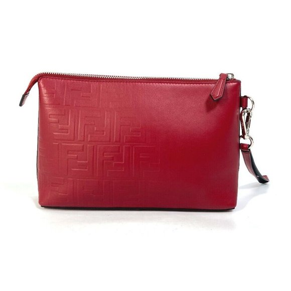 FENDI Zucca Bag pouch with strap Clutch bag Leather Red